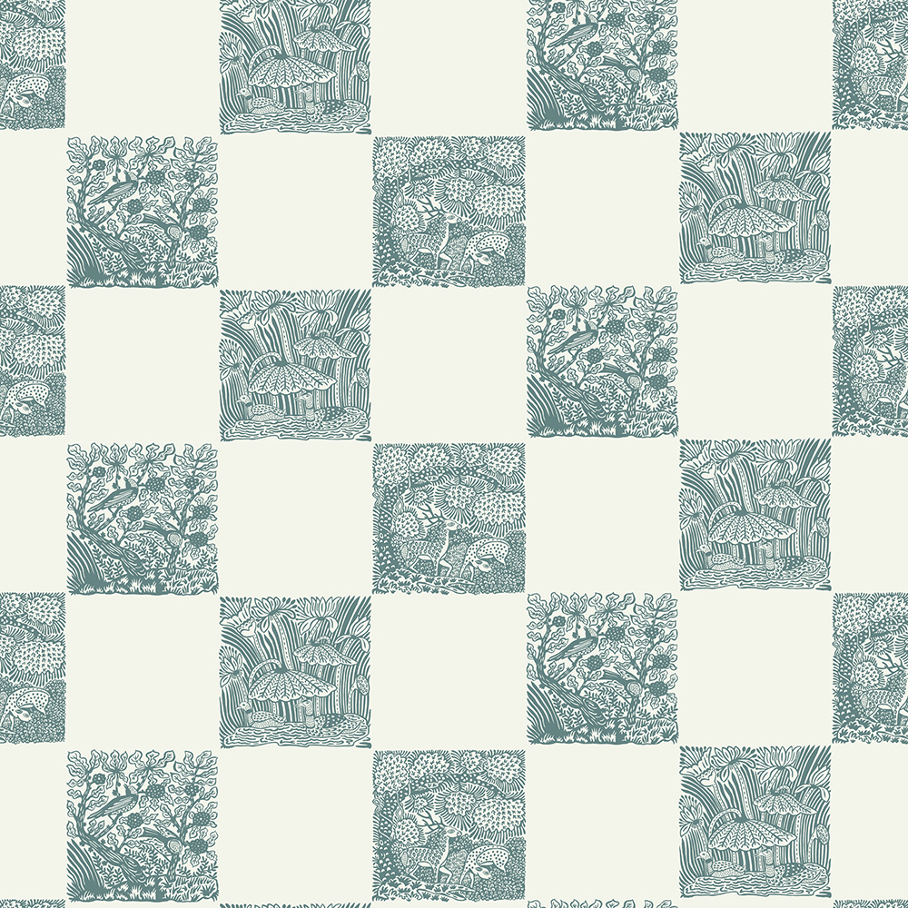 Animal Check Wallpaper - Osney Blue - Skirting White