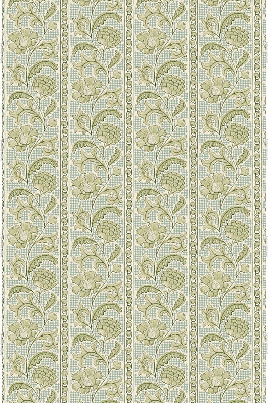 Floral Check Heavy Linen Fabric - Blue and Green
