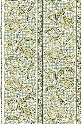 Floral Check Heavy Linen Fabric - Blue and Green